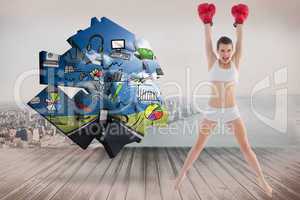 Composite image of confident fit brown haired model in sportswea
