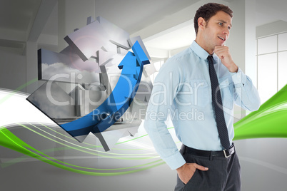 Composite image of thoughtful businessman with hand on chin