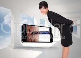 Composite image of smiling businesswoman bending