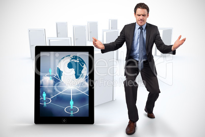 Composite image of businessman posing with arms outstretched