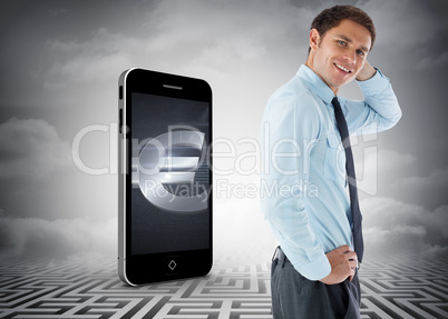 Composite image of thinking businessman with hand on head