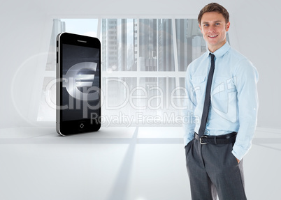 Composite image of smiling businessman standing with hand in poc