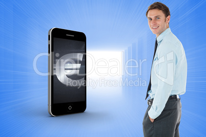 Composite image of happy businessman standing with hand in pocke