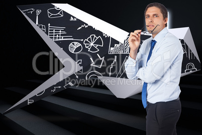 Composite image of thinking businessman biting glasses