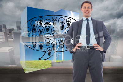 Composite image of cheerful businessman with hands on hips