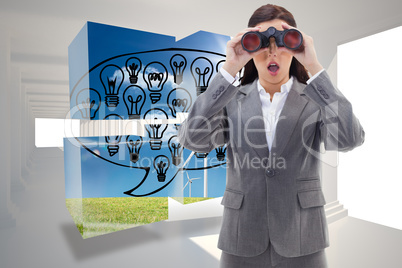 Composite image of surprised businesswoman looking through binoc