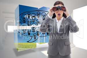 Composite image of surprised businesswoman looking through binoc