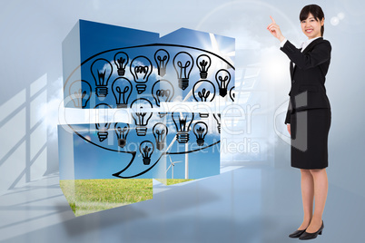 Composite image of smiling businesswoman pointing