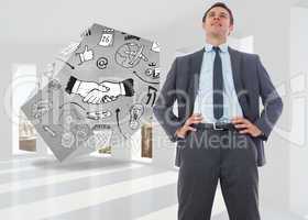 Composite image of happy businessman with hands on hips