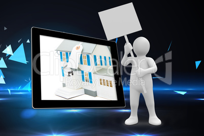 Composite image of white character holding placard