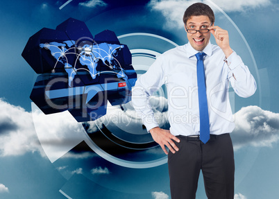 Composite image of thinking businessman tilting glasses