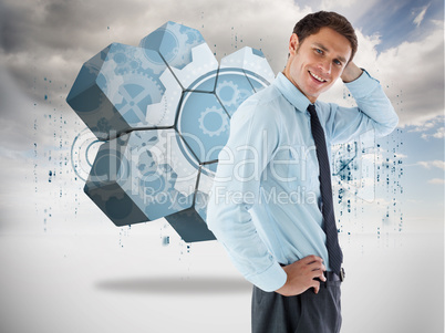 Composite image of thinking businessman with hand on head