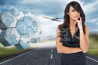 Composite image of pensive elegant dark haired model posing with