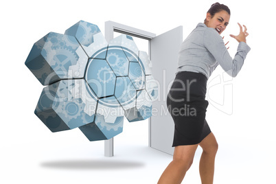 Composite image of furious businesswoman gesturing