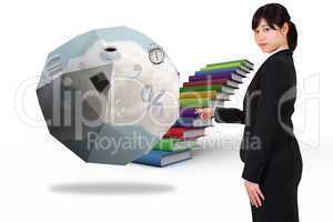 Composite image of focused businesswoman pointing