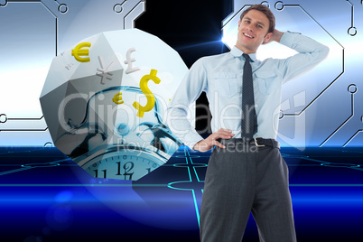 Composite image of thinking businessman with hand on head