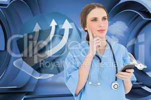 Composite image of young woman doctor thinking