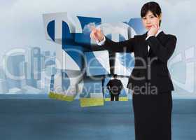 Composite image of thoughtful businesswoman pointing