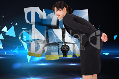 Composite image of smiling businesswoman bending