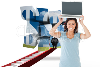 Composite image of gorgeous woman posing with her laptop