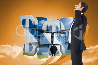 Composite image of thinking businessman scratching head