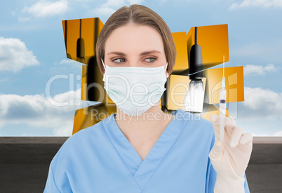 Composite image of young brunette female doctor holding a syring