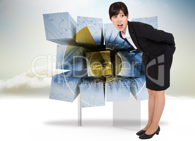 Composite image of surprised businesswoman bending