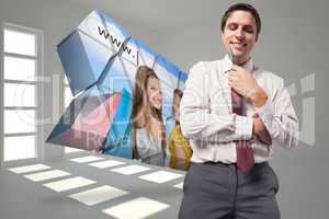 Composite image of thoughtful businessman holding pen to chin