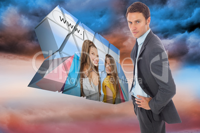 Composite image of serious businessman standing with hands on hi