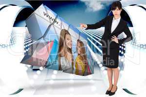 Composite image of focused businesswoman pointing