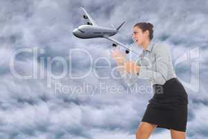 Composite image of furious businesswoman gesturing