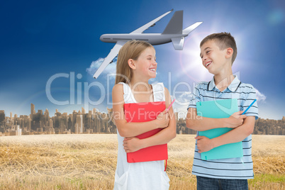 Composite image of smiling brother and sister holding their exer