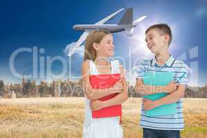 Composite image of smiling brother and sister holding their exer