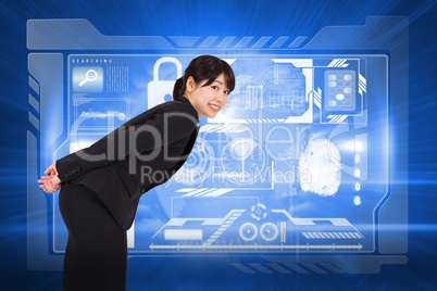 Composite image of smiling businesswoman bending