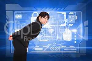 Composite image of smiling businesswoman bending