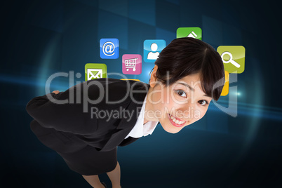 Composite image of smiling businesswoman bending