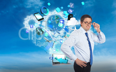 Composite image of thinking businessman tilting glasses