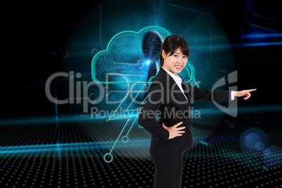 Composite image of smiling businesswoman pointing