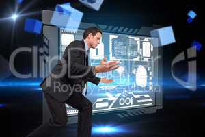 Composite image of businessman posing with arms outstretched