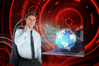 Composite image of smiling businessman holding his jacket