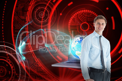 Composite image of smiling businessman standing with hand in poc