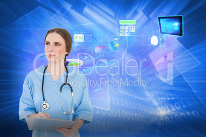 Composite image of thoughtful female doctor holding a clipboard