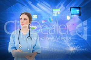 Composite image of thoughtful female doctor holding a clipboard