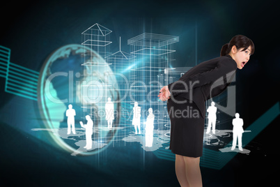 Composite image of surprised businesswoman bending