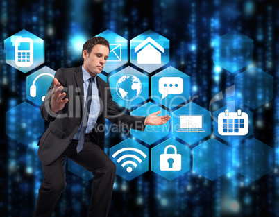 Composite image of businessman posing with arms outstretched