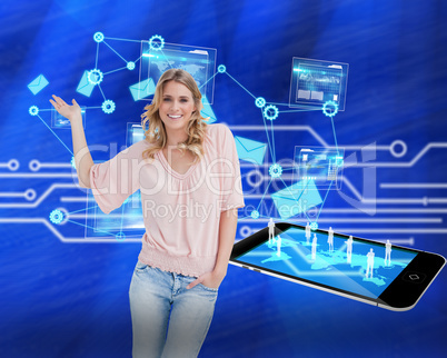 Composite image of blonde woman presenting something