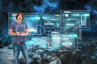 Composite image of open-mouthed student holding a cellphone