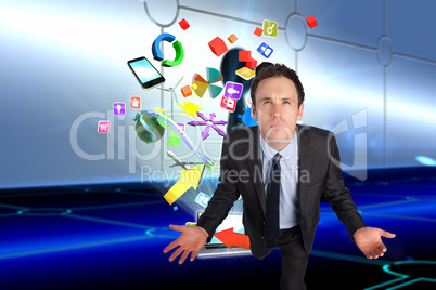 Composite image of businessman posing with arms out