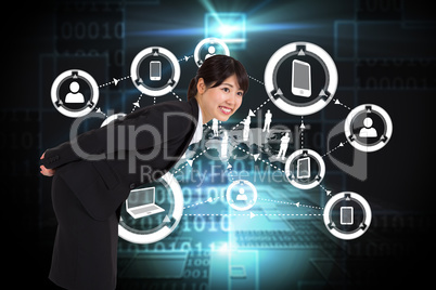 Composite image of smiling businesswoman bending