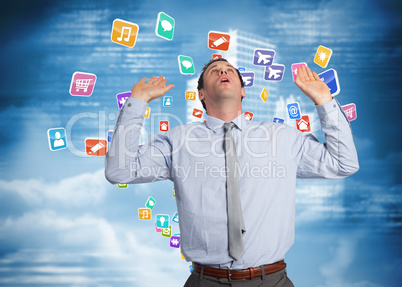 Composite image of businessman standing with arms pushing up